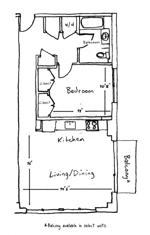 A floor plan of a house with a bedroom, a kitchen, and a living/dining area.